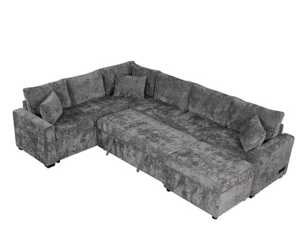 Sectional Sofa Pull-Out Sofa Bed Sleeper With A Storage Ottoman, Three Pillows And Charging Devices For Living Room