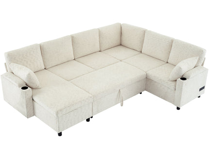 U-Shaped Sectional Sleeper Sofa With Ample Storage Space, 2 Cup Holders And Charging Ports For Living Room