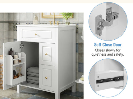 Elegant Bathroom Vanity With Ceramic Sink, Soft Close Doors And Drawers, Double Storage Racks
