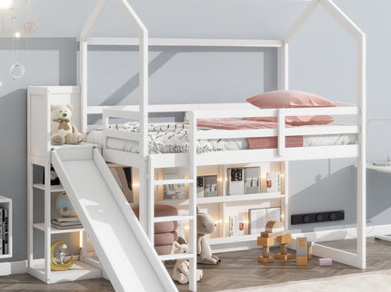 House Loft Bed With Slide, Storage Shelves And Light, Climbing Ramp