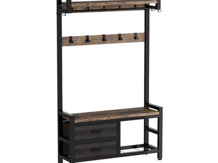 Hall Tree With 2 Movable Drawers, Shoe Storage, Shelves, Garment Racks, And 23 Hooks For Entryway - Rustic Brown