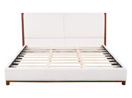 King Upholstered Bed Frame, No Box Spring Needed - Walnut / White