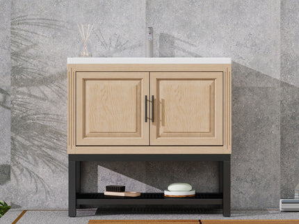 Modern Freestanding Bathroom Vanity With Ceramic Sink, Hot And Cold Faucet, Storage Cabinet & Open Shelf