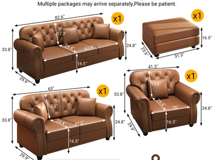 Upholstered Sofa With Nailhead Trim, Rolled Armrests With Ottoman