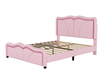 Upholstered Platform Bed & Curve Shaped And Height Adjustable Headboard, LED Light Strips