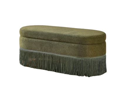 Oval Upholstered Storage Ottoman With Fringe Trim & Lift Top Lid