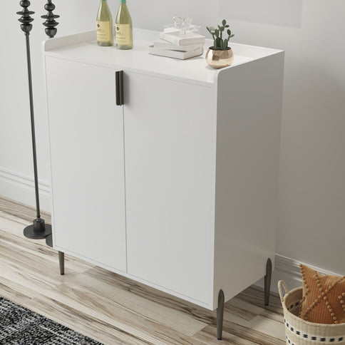 2 Door Wine Bar Cabinet With Adjustable Shelf, Soft-Closing Hinges, And High Feet - White