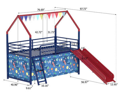 Jack - House Loft Bed With Slide And Curtain Set