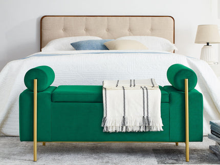 Elegant Upholstered Storage Bench With Cylindrical Arms And Iron Legs,