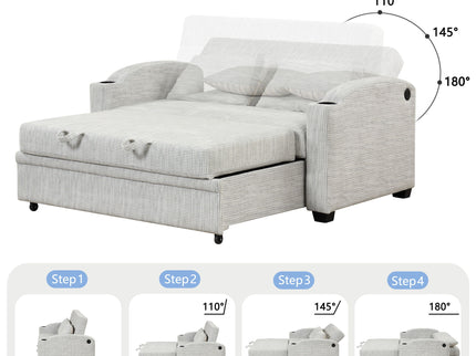 Pull Out Loveseat Sofa With Adjsutable Backrest, 2 Pillows, Cup Holders, USB Ports For Living Room