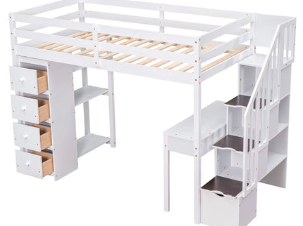Loft Bed With Storage Drawers, Desk And Stairs With Shelves