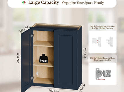 Shaker Wall Cabinet With Soft Close Hinges, Adjustable Shelves, Double Door