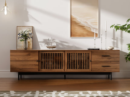 TV Stand, Media Console With 2 Drawers, Soft Closing Hinges, Adjustable Shelves, Slatted Design - Walnut