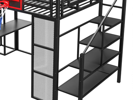 Loft Bed With Built In Desk, Open Wardrobe, Basketball Hoop, Slide And Staircase
