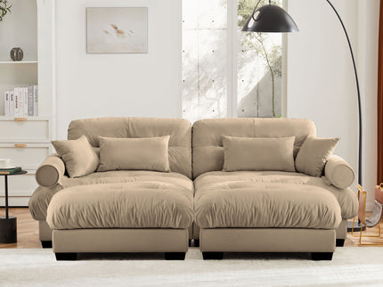 Modern Sectional Sofa With Ottoman, Round Bolster Armrests, Waist And Throw Pillows