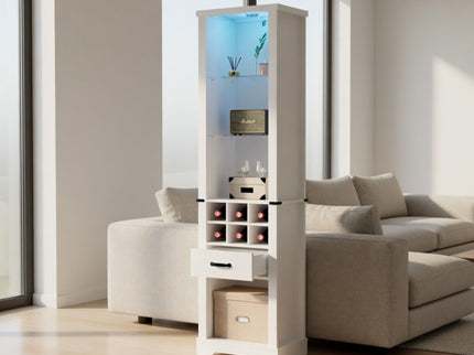 Pantry Cabinet With LED Lights, Wine Rack, Tempered Glass Shelves, And Barn Door Design - White