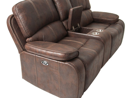 Power Reclining Loveseat With USB Port Leather Upholstered, Built In Cup Holder - Chocolate