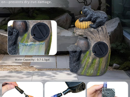 Bear Tree Stump Outdoor Water Fountain With LED Lights - Brown Gray