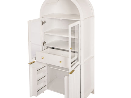 Fluted Tall Arched Pantry Cabinet With Adjustable Shelves, Glass Door & Hidden Drawer For Kitchen