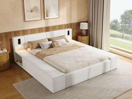 Upholstered Platform Bed Frame With Hidden Storage, Built-In Nightstands & LED Reading Lights