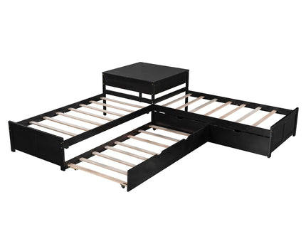 L Shaped Platform Bed With Trundle And Drawers Linked With Built In Desk