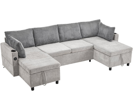 Sectional Sofa Bed With Pull Out Sleeper, USB Ports, Cup Holders