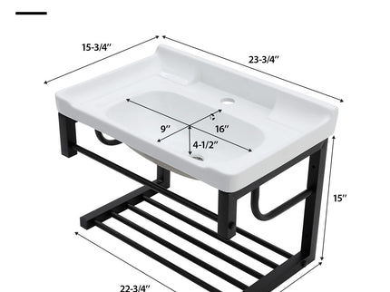 Wall Mounted Rectangular Bathroom Sink With Towel Bar & Overflow - White