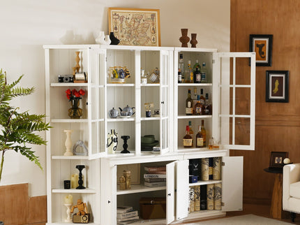 Retro Style Wall Suit With Glass Doors, 75.25" Tall Display Cabinets & Triangle Sided Bookshelves - White