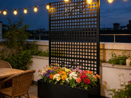 Planter Box With Trellis, Outdoor Raised Garden Bed With Privacy Screen Lattice Panels For Patio - Black