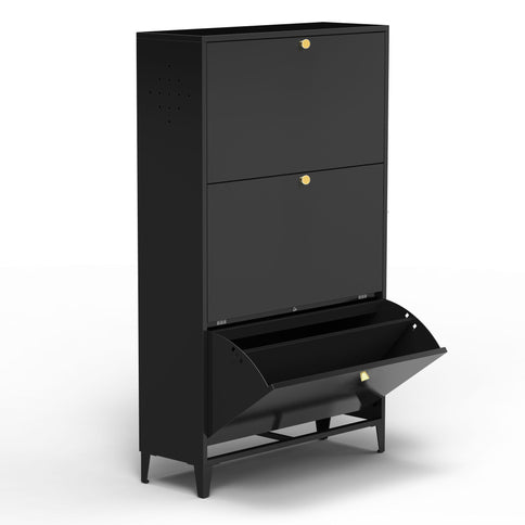 3 Drawer All Steel Shoe Cabinet, Freestanding Storage Organizer With Flip Door