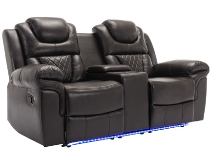 3 Pieces Recliner Sofa Sets Home Theater Seating Manual Recliner Chair & Center Console And LED Light Strip For Living Room - Brown