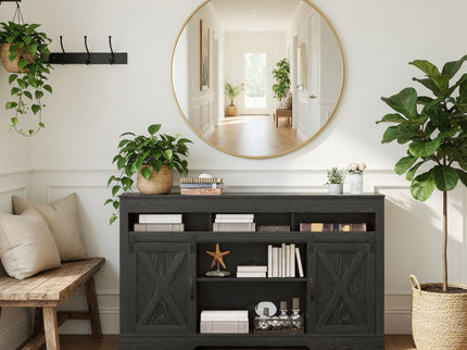 Farmhouse TV Stand With Sliding Barn Doors & Adjustable Storage