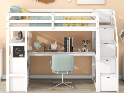Loft Bed With Desk, Shelves, 2 Drawers, Storage Staircase