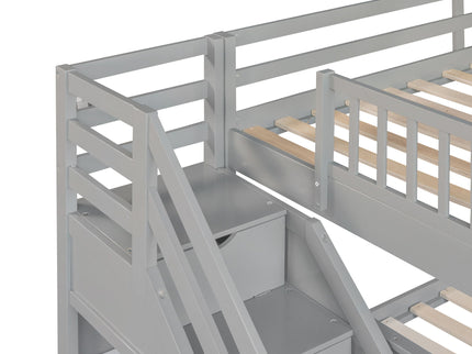 Solid L Shaped Bunk Bed With 3 Drawers, Ladder And Staircase