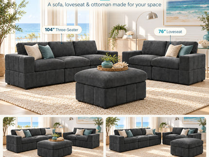 Oversized Modular Sectional Sofa Set With Loveseat & Ottoman, 6 Piece Living Room Furniture - Dark Gray