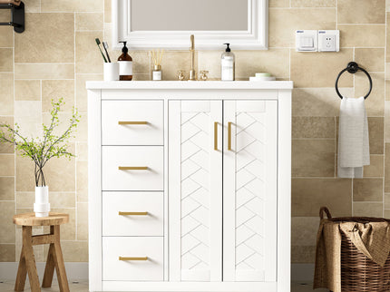 Ceramic Sink Combo, Freestanding Vanity Set With 3 Drawers & Soft Closing Doors