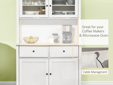 Homcom - 63.5" Kitchen Buffet With Hutch, Pantry Storage Cabinet With 4 Shelves, Drawers, Framed Glass Doors, Open Microwave Countertop - Antique White