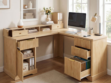 Fluted L-Shaped Desk With Charging Station & Storage Cabinet