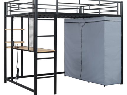 Loft Bed With Desk, Shelves, Power Outlet, LED Light And Wardrobe
