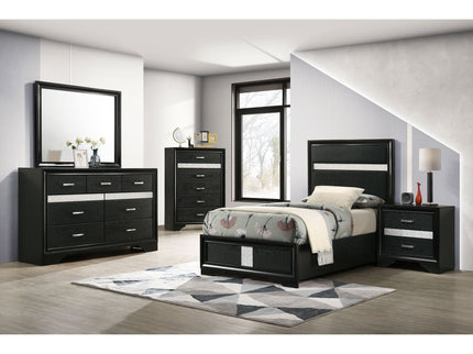 Panel Bed With Padded Headboard And Glittering Accent Stripes