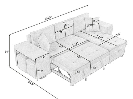 Modern L-Shape 3 Seat Reversible Sectional Couch, Pull Out Sleeper Sofa With Storage Chaise And 2 Stools For Living Room Furniture Set