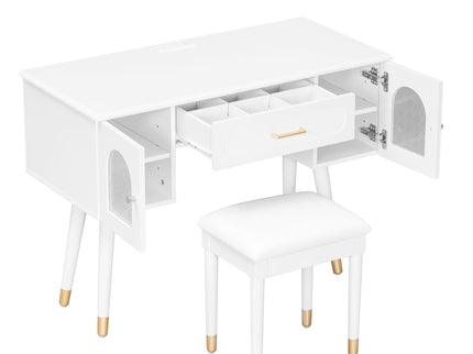 Elegant Vanity Makeup Table & Chair Set Modern Dressing Table With Organizer Writing Desk Charging Port Engineered Wood - White