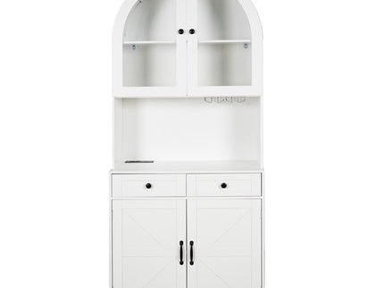 Tall Arched Pantry Cabinet With Charging Station, Adjustable Shelves, Coffee Bar