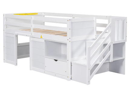 Low Loft Bed With Stair, Drawer, And Shelf