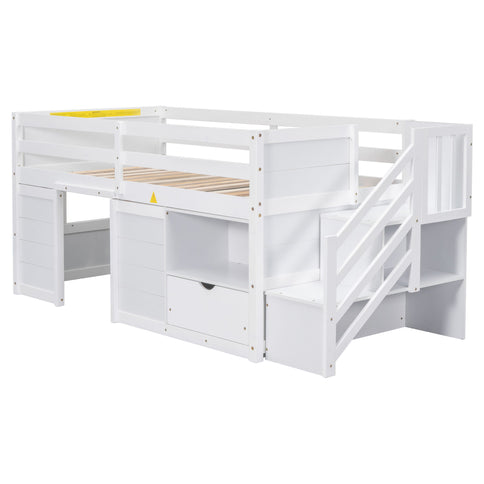 Low Loft Bed With Stair, Drawer, And Shelf