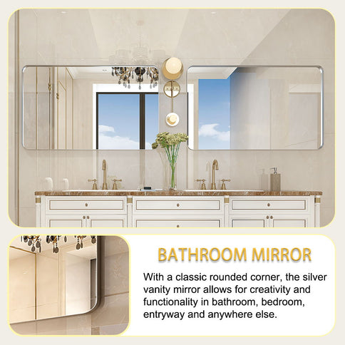 Glossy Brushed Rounded Corner Rectangle Wall Mirror For Bathroom Metal Frame Wall Mounted Bathroom Mirror Home Decor Corner Hangs Farmhouse Mirror (Horizontal & Vertical) - Silver