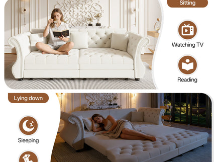 Oversized Chesterfield Pull Out Sofa Bed, Roll Arm Couch With Flower Tufting For Living Room