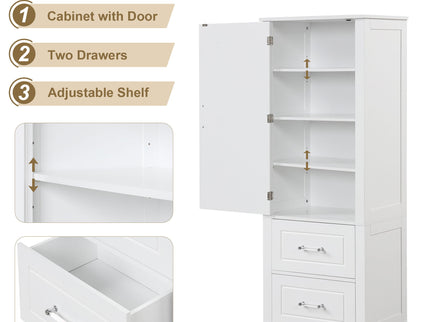 Tall Freestanding Bathroom Storage Cabinet With 2 Drawers And Adjustable Shelf