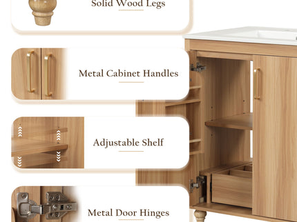 30" Bathroom Vanity With Sink, Cabinet With Doors And Drawer, Rectangular Shape - Natural