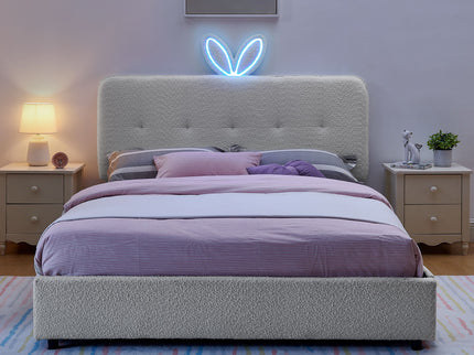 Upholstered Bed With Oversized Rabbit Ear Headboard, LED Lights & 4 Storage Drawers